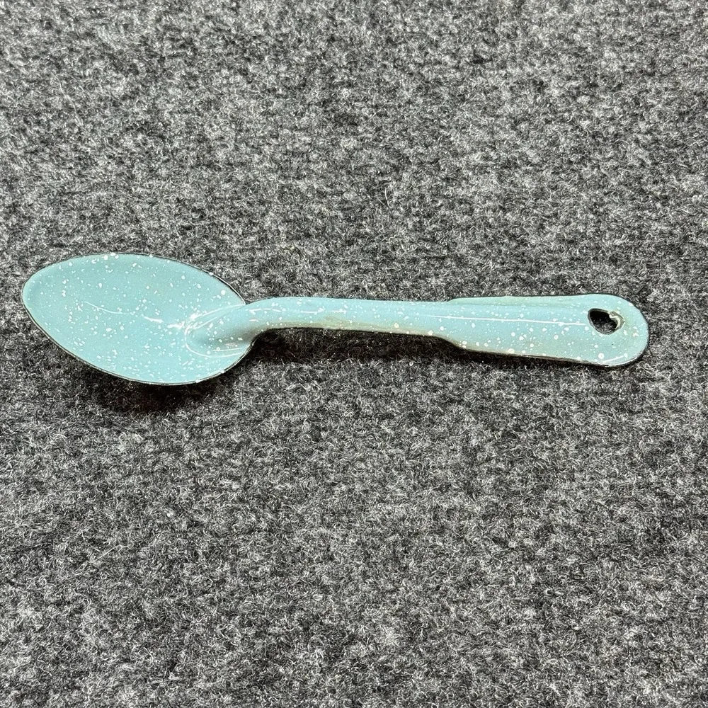 Vintage Speckled 7 in. Light Blue Enamelware Spoon - White Dots